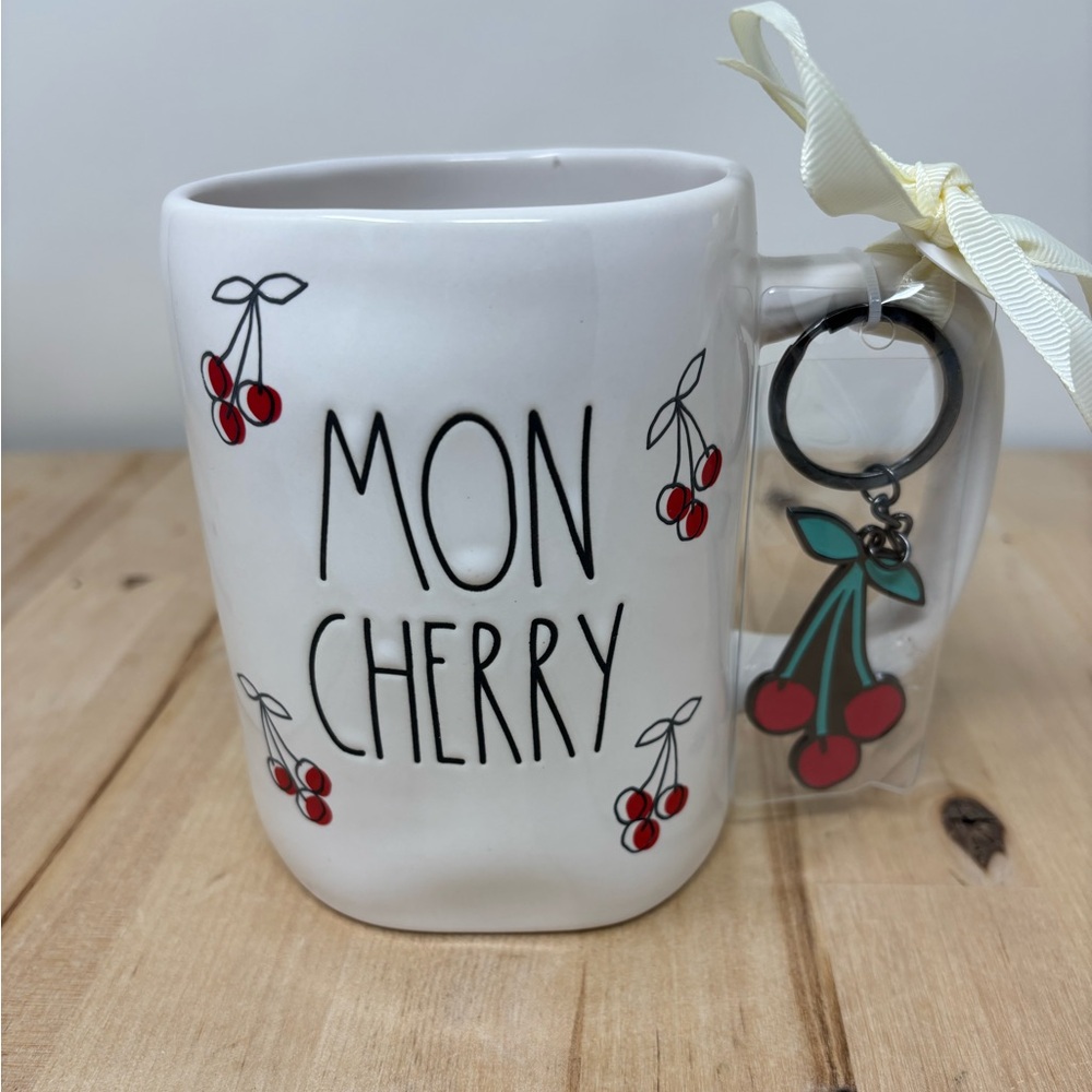 Rae Dunn MON CHERRY Mug White Double Sided with Cherries Decor & Keychain New